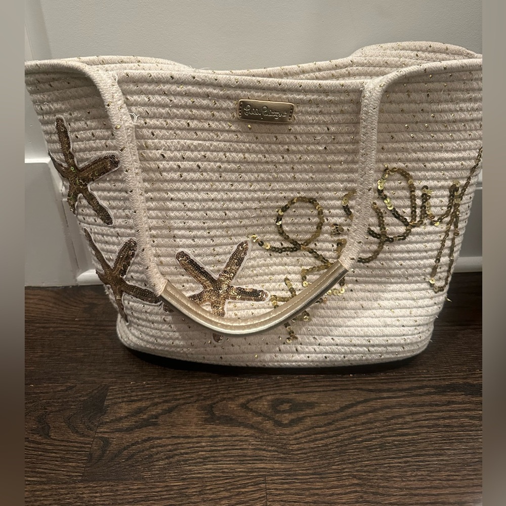 Lilly Pulitzer Cream and Gold Metallic Starfish Beach Tote